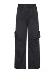 Relaxed fit dark gray cargo sweatpants for men with multiple pockets.