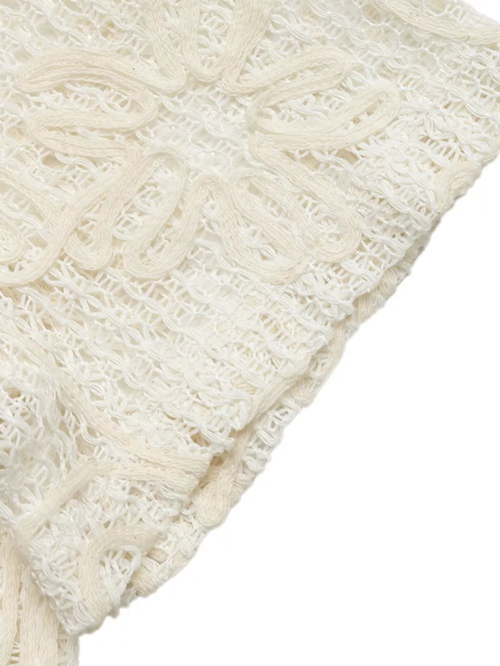 Delicate floral lace tie-front shirt in ivory with open knit and cutout details.