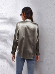 Satin finish button-up shirt in taupe with a relaxed fit and button cuffs.