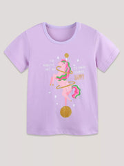 Lavender cotton toddler t-shirt with a pink unicorn graphic and glitter accents.