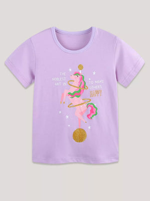 Lavender cotton toddler t-shirt with a pink unicorn graphic and glitter accents.