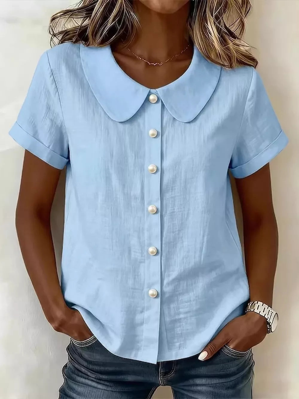 Peter Pan Collar Pearl Button Short Sleeve Shirt, front view