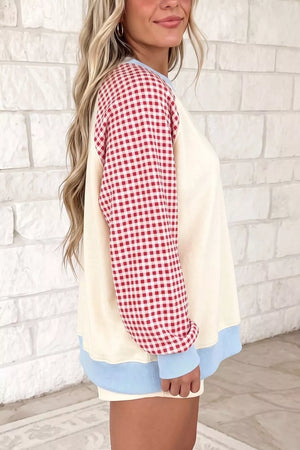 Plaid Raglan Sleeve Sweatshirt in Burnt Coral, side view