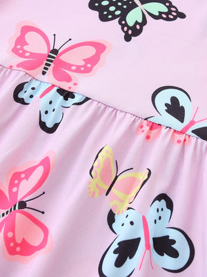 Pink toddler dress with colorful butterfly print and ruffled hem detail.