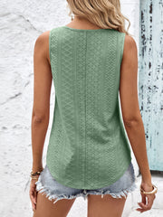 Sage eyelet tank top with crisscross detail and scoop neck