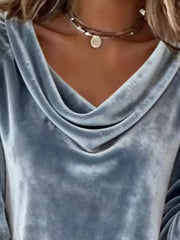 Velvet cowl neck t-shirt in a soft blue hue, featuring a draped neckline.