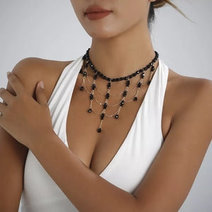 Beaded Choker Necklace With 18k Gold in Black, side view