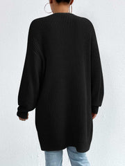 Longline black acrylic knit open cardigan with long sleeves and ribbed details.