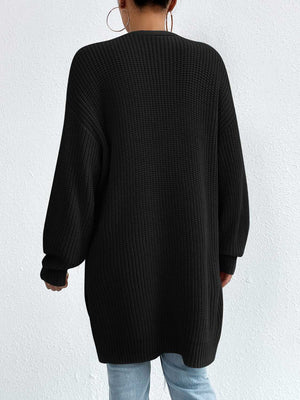 Longline black acrylic knit open cardigan with long sleeves and ribbed details.