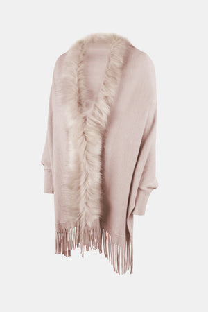 Blush pink faux fur trimmed fringe cape with long sleeves