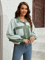 Textured colorblock cropped jacket in matcha green with raw edges and button front.
