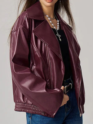 Plum purple faux leather biker bomber jacket with a wide collar and zippered front.