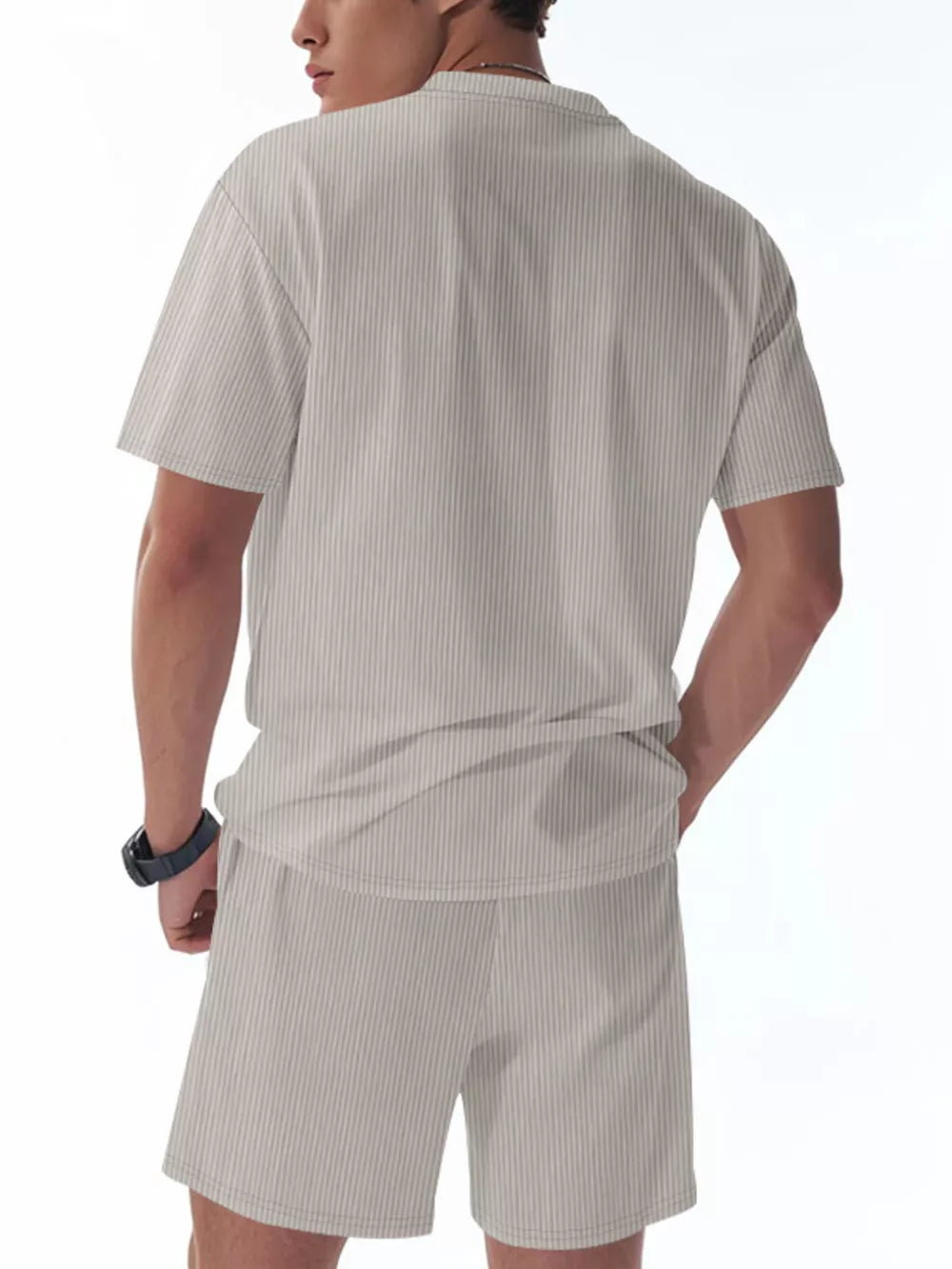 Relaxed fit striped two-piece set in light gray, crew neck t-shirt and shorts.
