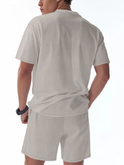 Relaxed fit striped two-piece set in light gray, crew neck t-shirt and shorts.