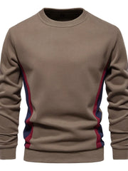 Taupe crew neck sweatshirt with navy and red side panel details.