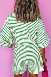Green striped resort shirt romper with tie, short sleeves, elastic waist, and shorts.