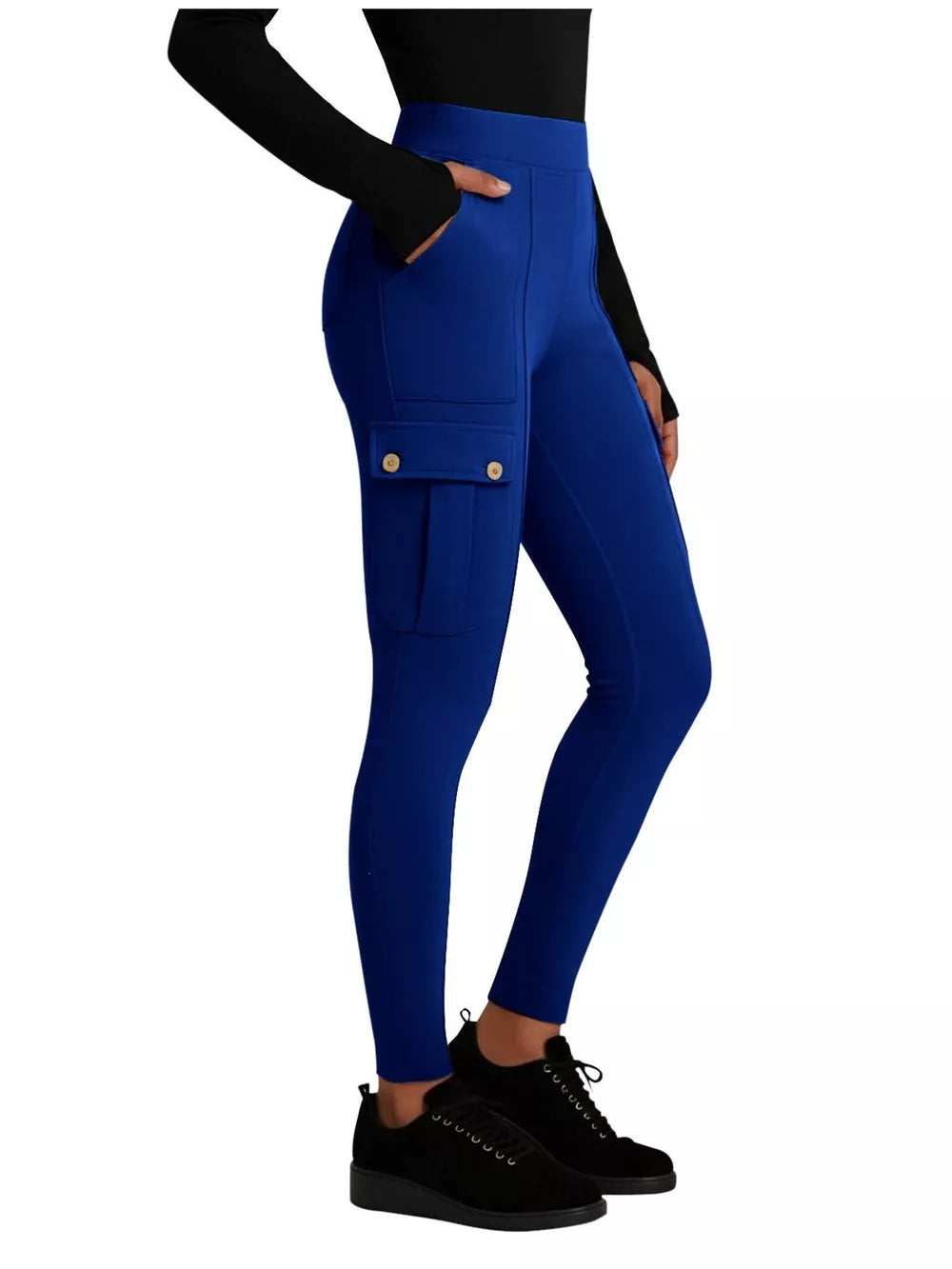 Blue maternity active pants with cargo pockets and gold button details.