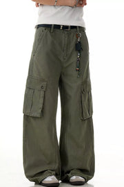 Olive green wide-leg cargo pants with multiple pockets and a beaded keychain accessory.