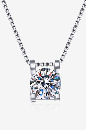 Sterling silver pendant necklace with a solitaire moissanite diamond on a box chain.