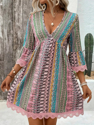 Bohemian printed V-neck dress with bell sleeves and pink lace trim