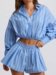 Chic Striped Two-piece Shirt And Shorts Set