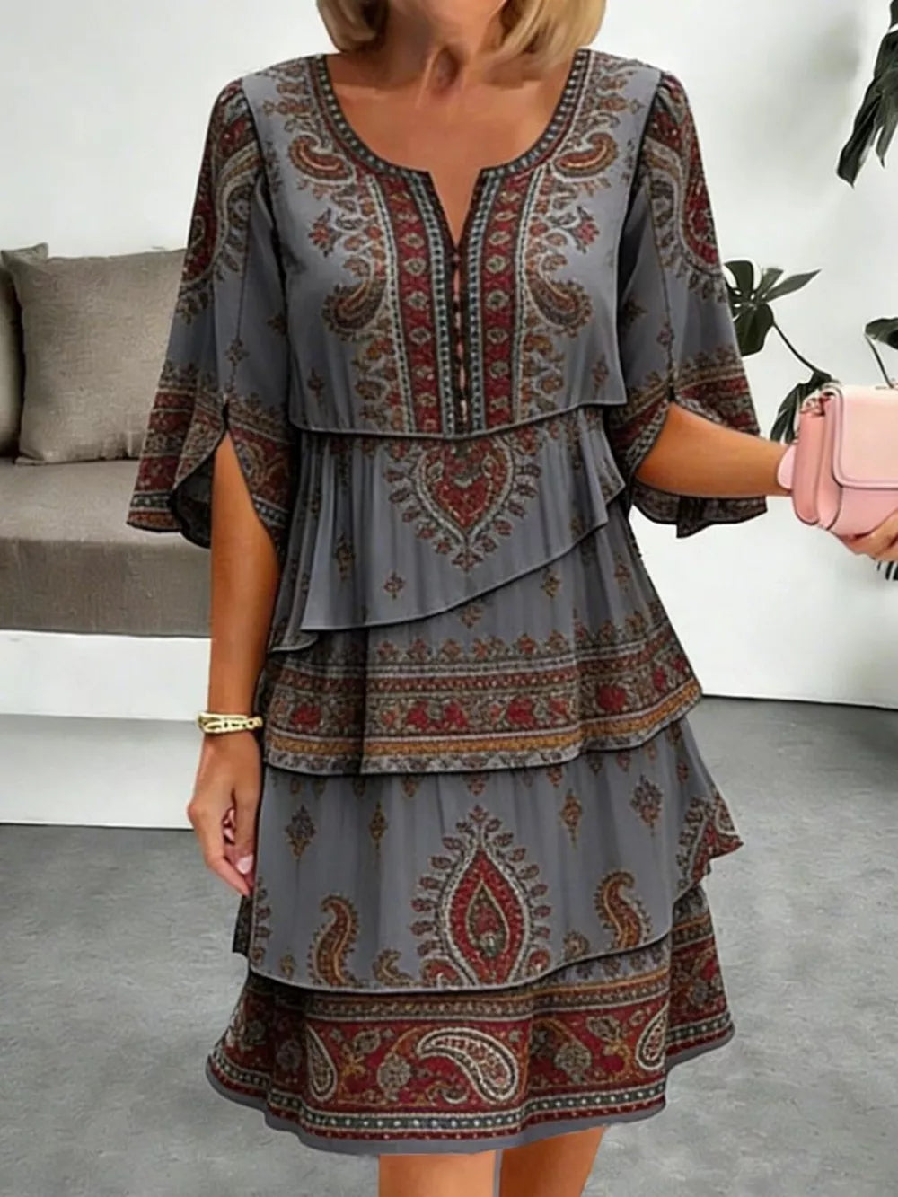 Gray paisley print tiered mini dress with split sleeves and v-neck