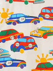 Toddler t-shirt with a playful racing car print and suns, made of cotton.