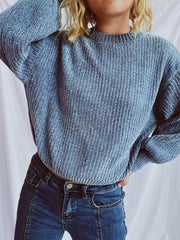 Light blue ribbed knit relaxed crewneck pullover sweater with textured fabric