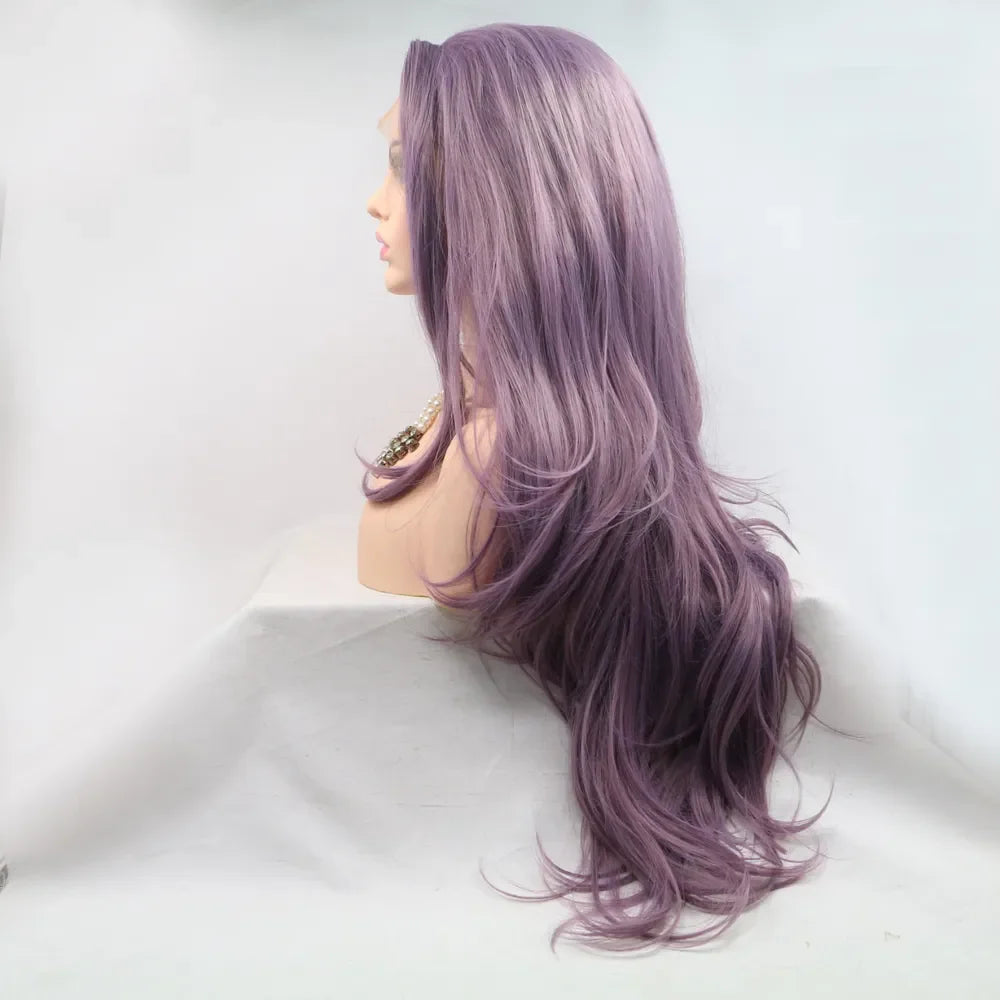 Lavender ombre lace front wig with flowing layers and a side part.