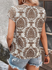 Damask print blouse with keyhole neckline and short sleeves in mocha.