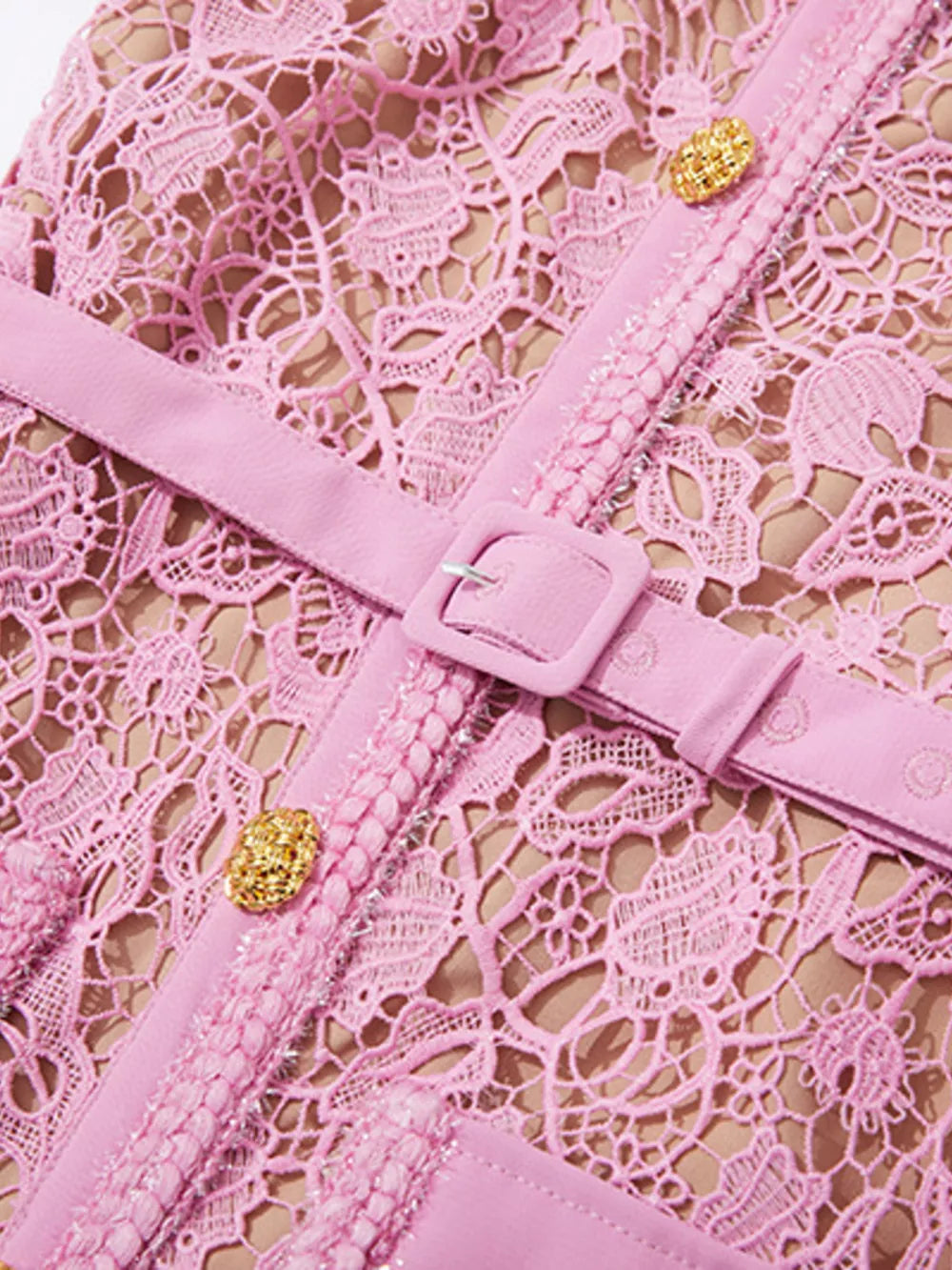 Pink lace midi dress with button details, belt, and pockets.