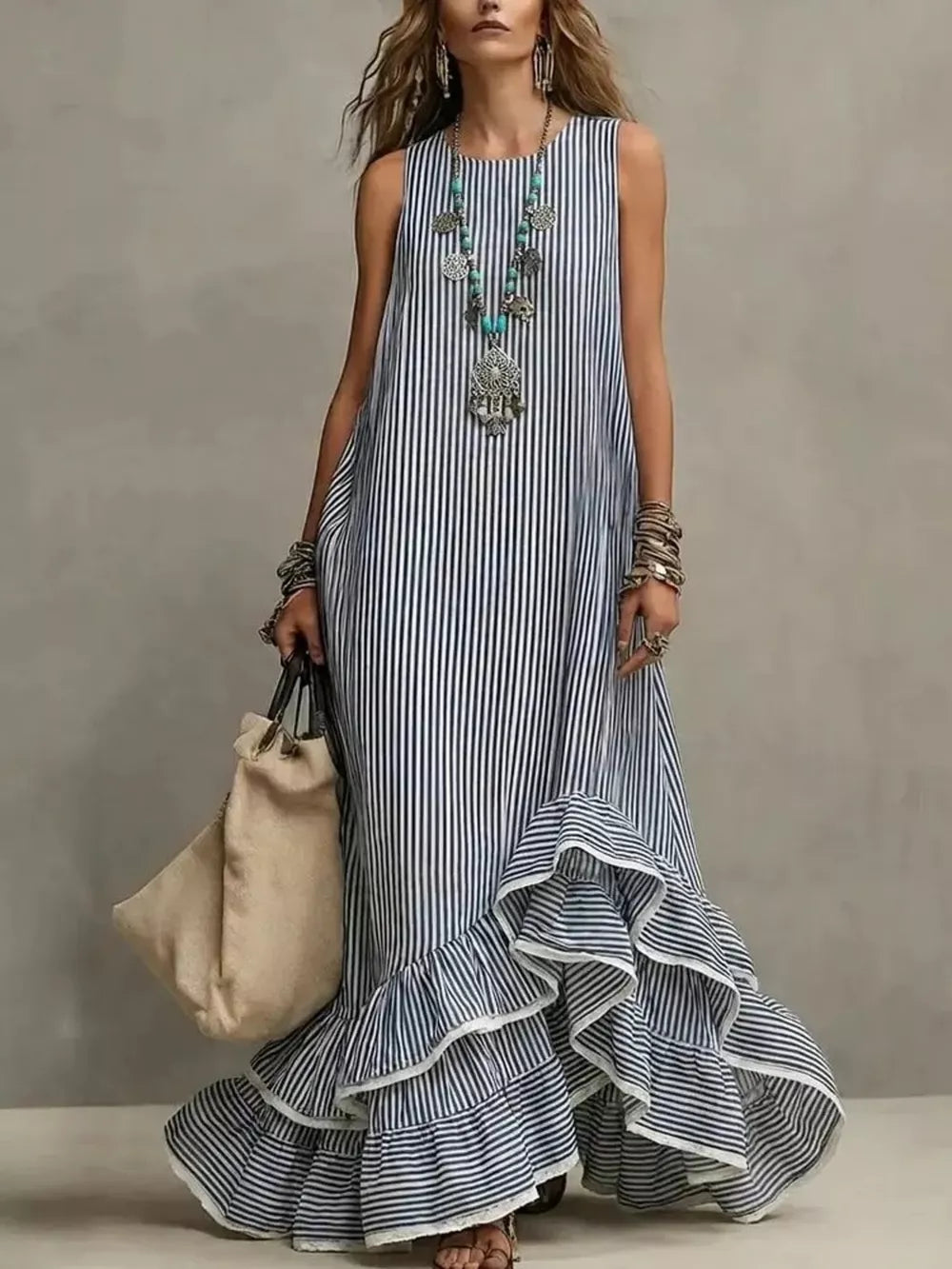 Striped Ruffle Hem Maxi Dress in Blue, front view