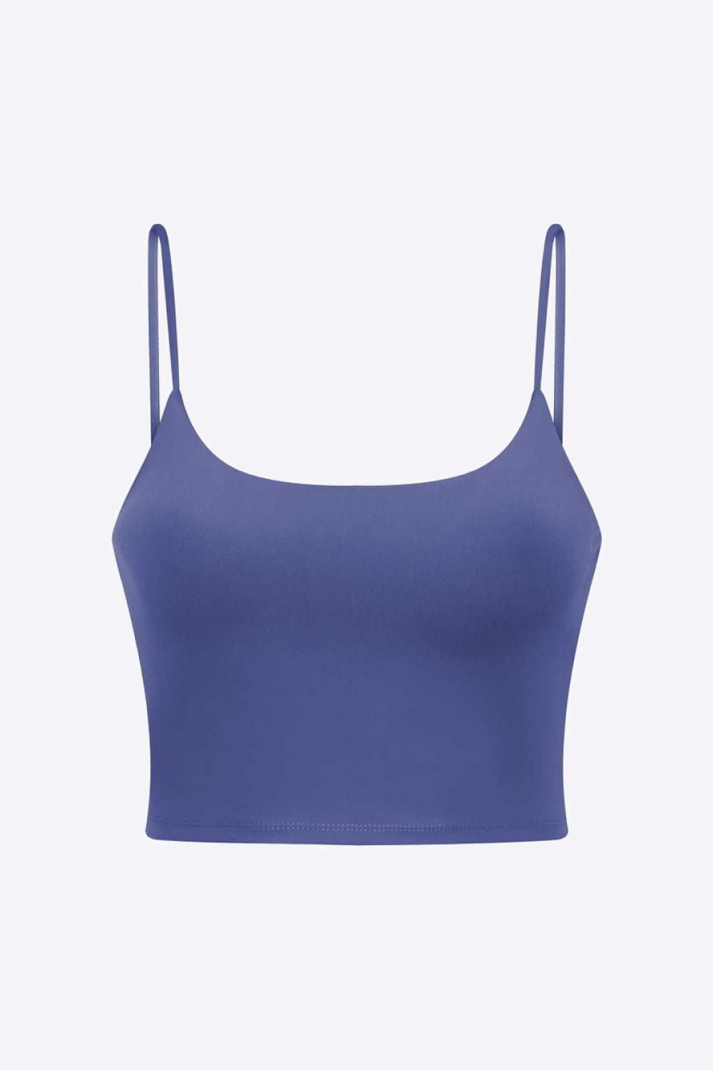 Light blue crop tank top with scoop neckline and thin spaghetti straps