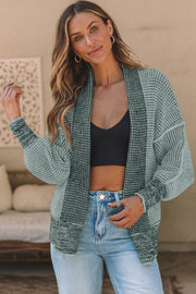 Textured open-front knit cardigan in Gum Leaf with contrasting trim and sleeves.