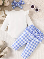 Children's Ruffled Bow Bodysuit And Pants Set in Pink, back view