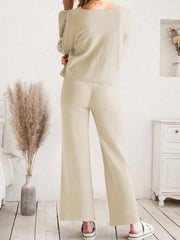 Wide-leg loungewear set in caramel acrylic with a relaxed fit, showing the back view.