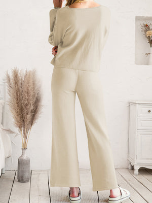 Wide-leg loungewear set in caramel acrylic with a relaxed fit, showing the back view.