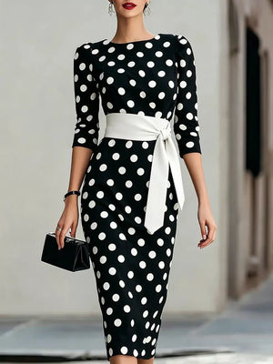 Full Size Polka Dot 3/4 Sleeve Midi Dress, front view