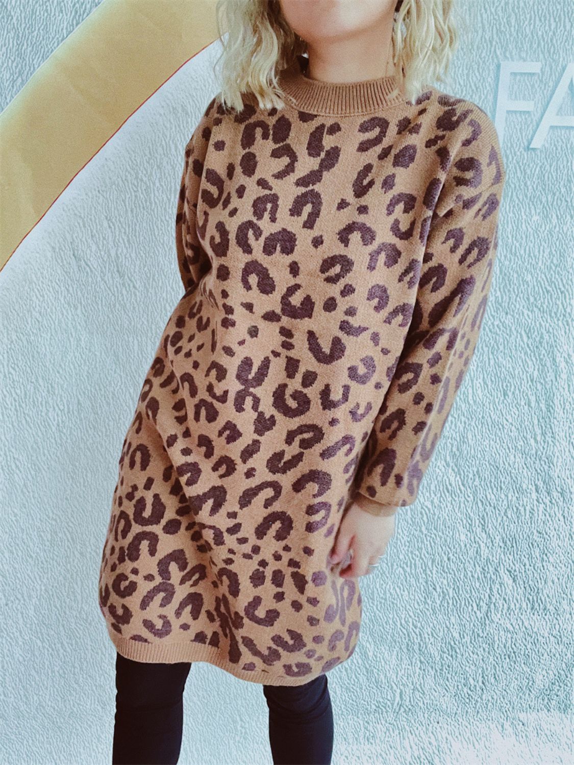 Leopard knit mini dress in caramel with a crew neck and long sleeves.