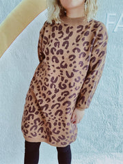 Leopard knit mini dress in caramel with a crew neck and long sleeves.