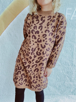 Leopard knit mini dress in caramel with a crew neck and long sleeves.