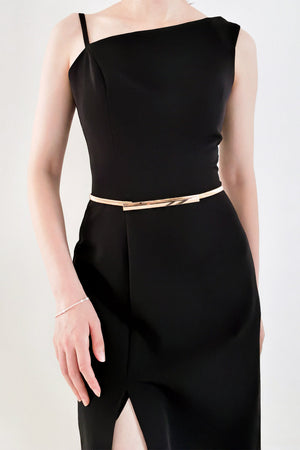 Slimline gold-tone metal waist belt with a sleek buckle detail.