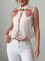Vibrant Paisley Collared Sleeveless Shirt in White Flower with button front and colorful paisley print.