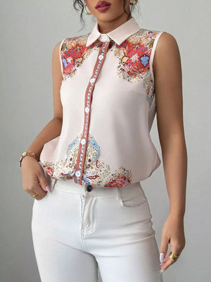 Vibrant Paisley Collared Sleeveless Shirt in White Flower with button front and colorful paisley print.