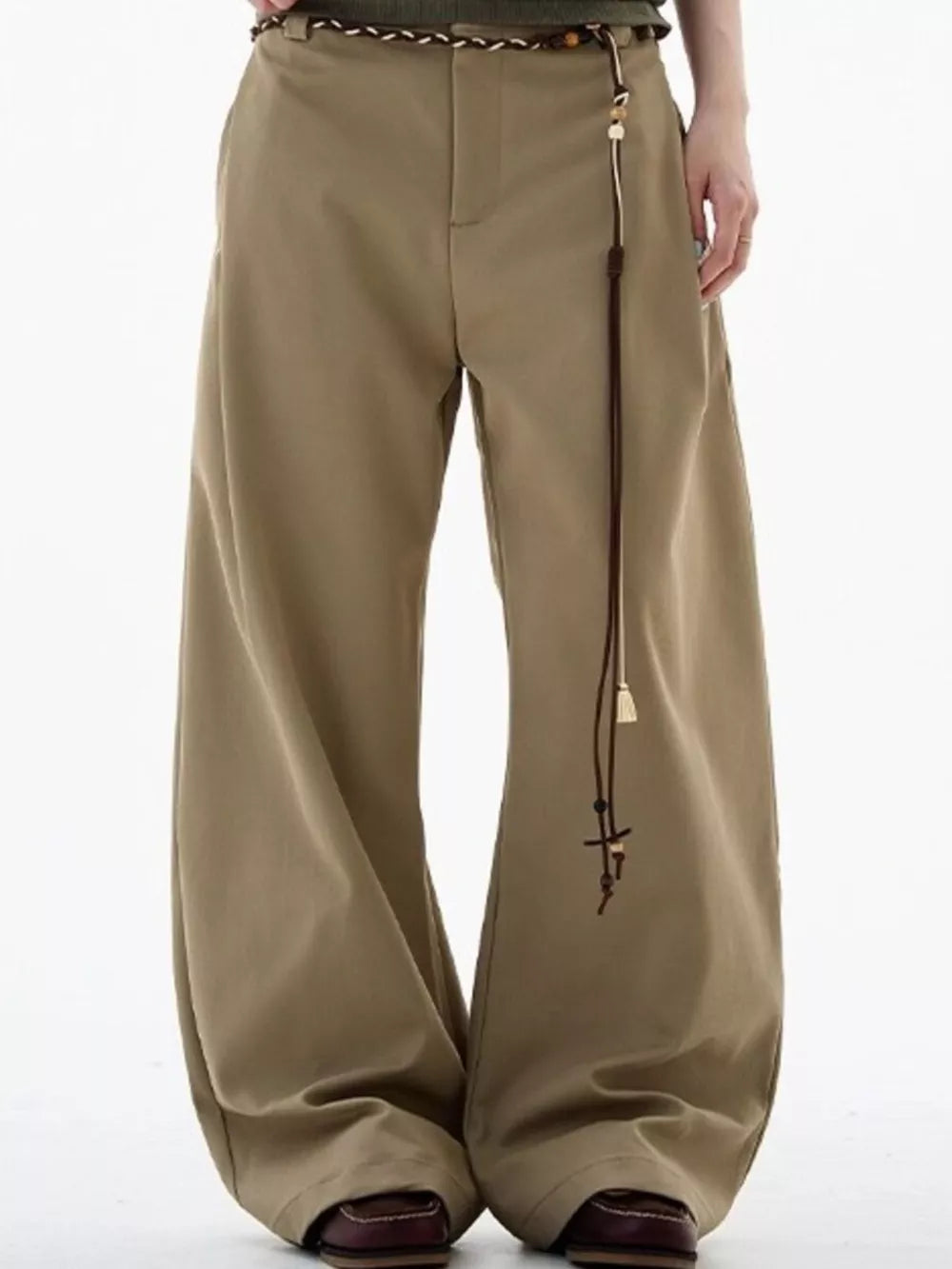 Men's relaxed fit wide-leg sweatpants in khaki with a decorative tassel belt.