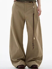 Men's relaxed fit wide-leg sweatpants in khaki with a decorative tassel belt.