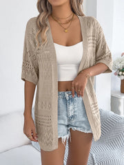 Tan open-knit short sleeve duster cardigan with diamond and square cutouts.