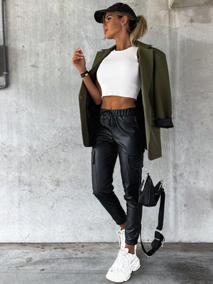 Black faux leather cargo joggers with elasticated waist and drawstring detail