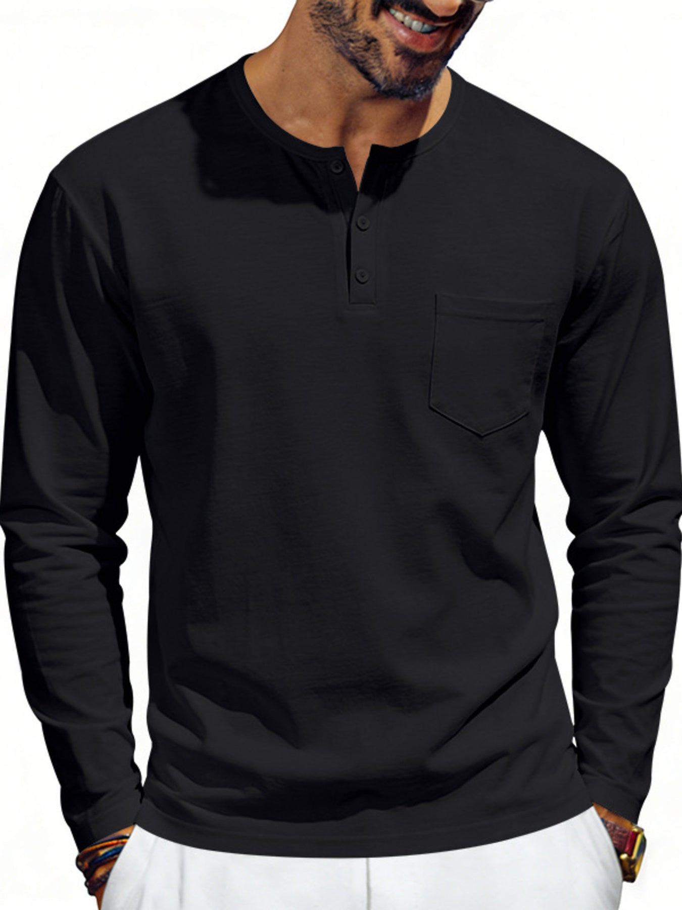 Black long sleeve pocketed henley t-shirt with button placket