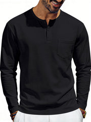 Black long sleeve pocketed henley t-shirt with button placket